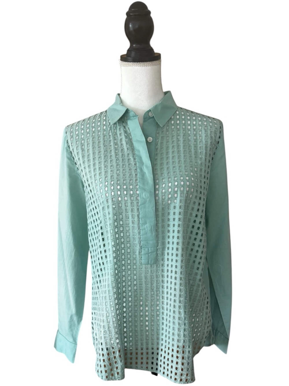 LOFT Softened Long Sleeve Cotton Teal Geometric Cutwork Popover Blouse Size M